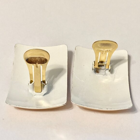 Vintage Cream Beige Copper Swirl Enamel Clip On Earrings 70s 80s Retro Fall - Picture 7 of 11